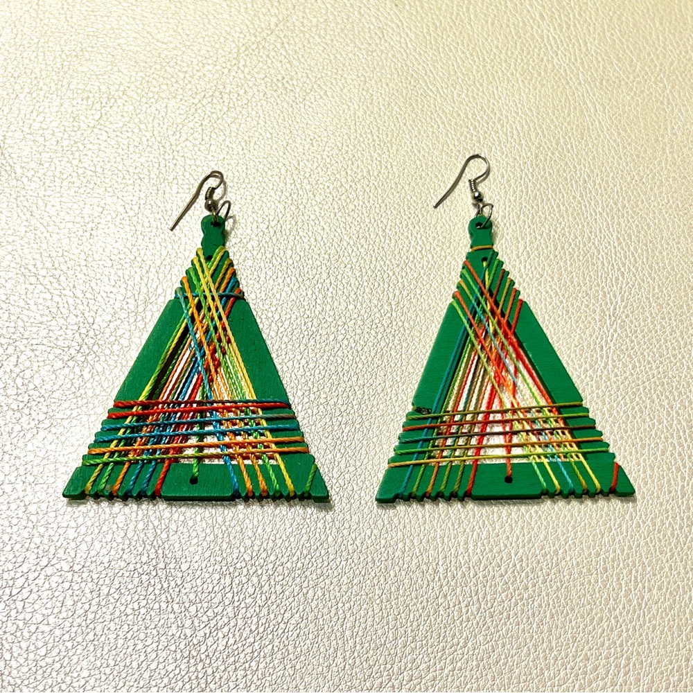 Handmade West African triangular wood and string rainbow earrings